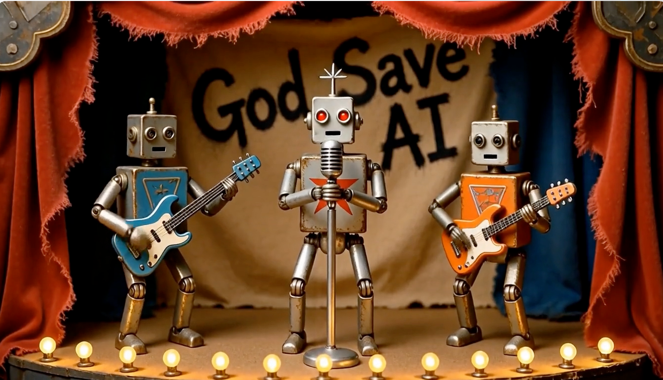 Three robots on stage, banner: God Save AI