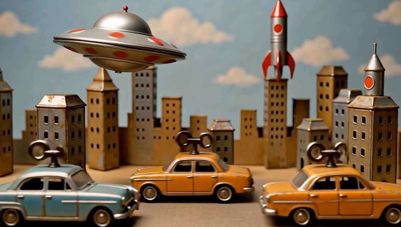 Tin-toy city with flying saucer and wind-up cars