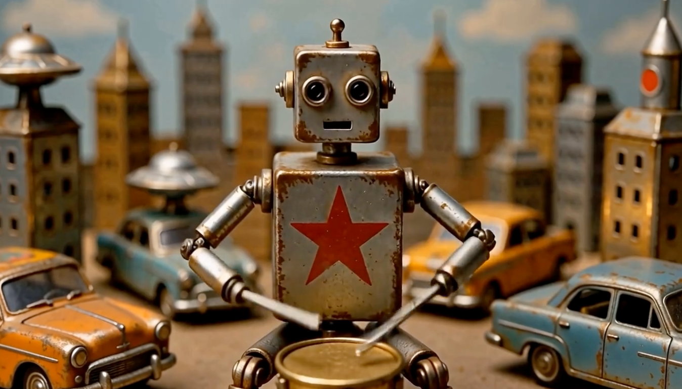 Robot drummer in a tin-toy city